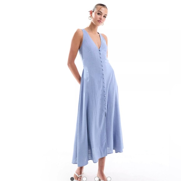 ASOS DESIGN button down linen look midi dress with full skirt in icy blue - Picture 1 of 4